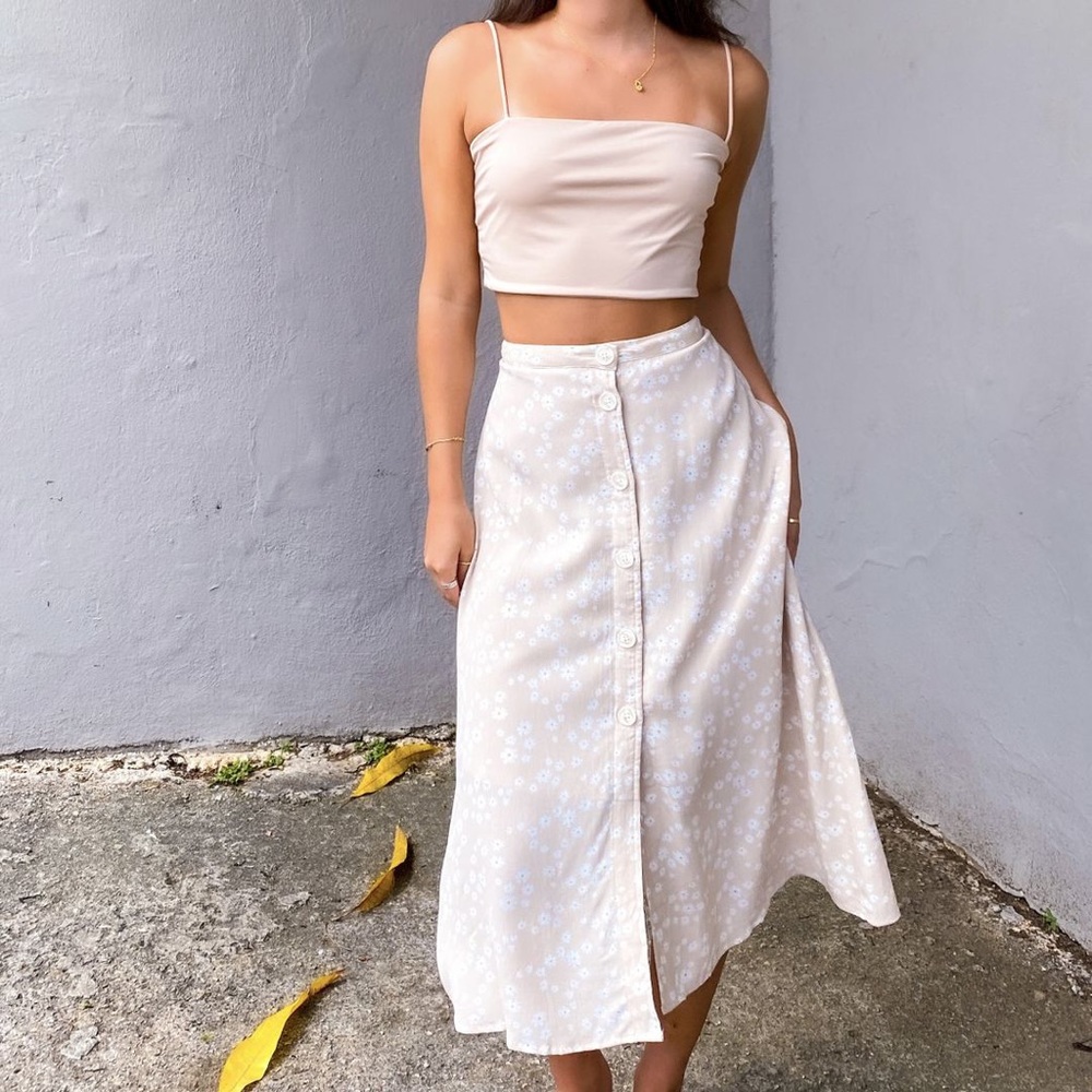 Tan Floral Button Down Midi Skirt